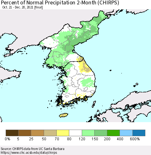 Korea Percent of Normal Precipitation 2-Month (CHIRPS) Thematic Map For 10/21/2021 - 12/20/2021