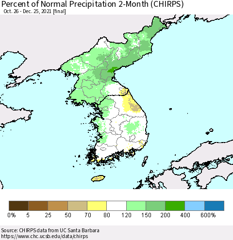 Korea Percent of Normal Precipitation 2-Month (CHIRPS) Thematic Map For 10/26/2021 - 12/25/2021