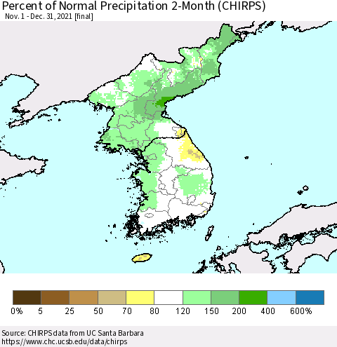 Korea Percent of Normal Precipitation 2-Month (CHIRPS) Thematic Map For 11/1/2021 - 12/31/2021