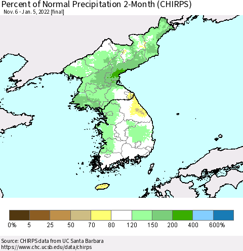 Korea Percent of Normal Precipitation 2-Month (CHIRPS) Thematic Map For 11/6/2021 - 1/5/2022