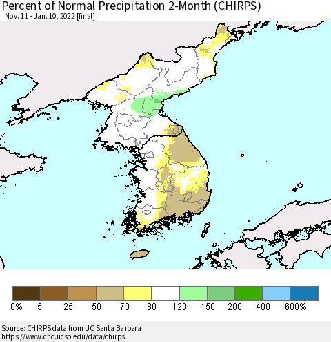 Korea Percent of Normal Precipitation 2-Month (CHIRPS) Thematic Map For 11/11/2021 - 1/10/2022