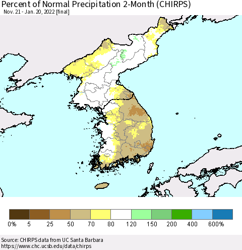 Korea Percent of Normal Precipitation 2-Month (CHIRPS) Thematic Map For 11/21/2021 - 1/20/2022