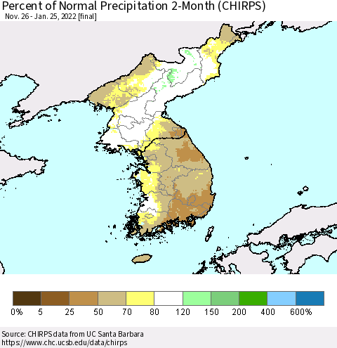 Korea Percent of Normal Precipitation 2-Month (CHIRPS) Thematic Map For 11/26/2021 - 1/25/2022