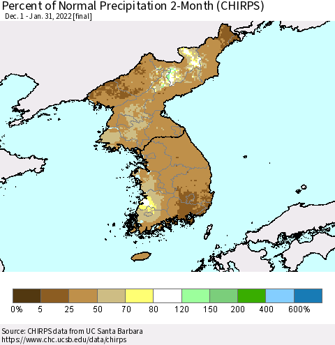 Korea Percent of Normal Precipitation 2-Month (CHIRPS) Thematic Map For 12/1/2021 - 1/31/2022