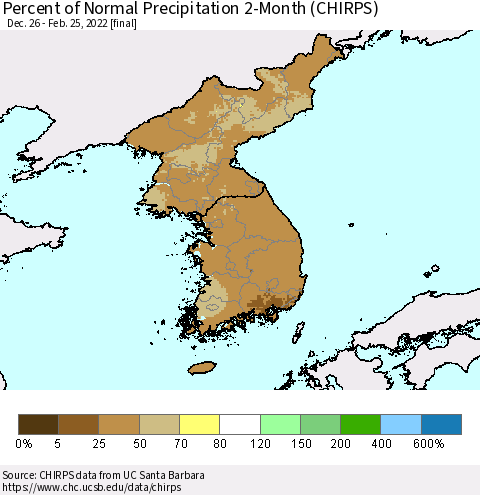 Korea Percent of Normal Precipitation 2-Month (CHIRPS) Thematic Map For 12/26/2021 - 2/25/2022