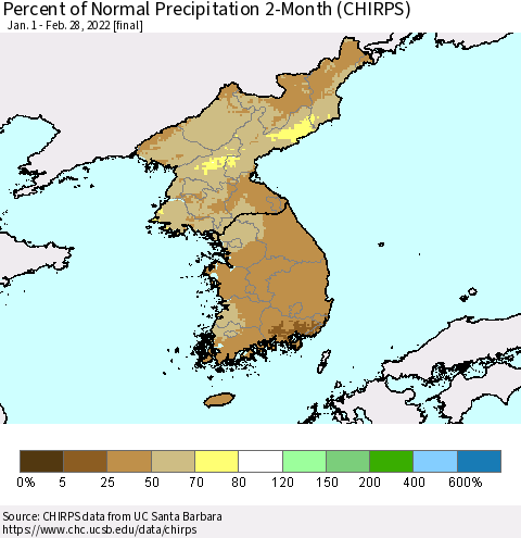 Korea Percent of Normal Precipitation 2-Month (CHIRPS) Thematic Map For 1/1/2022 - 2/28/2022