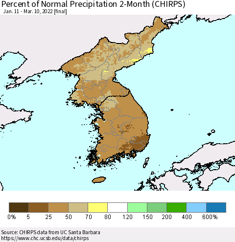 Korea Percent of Normal Precipitation 2-Month (CHIRPS) Thematic Map For 1/11/2022 - 3/10/2022