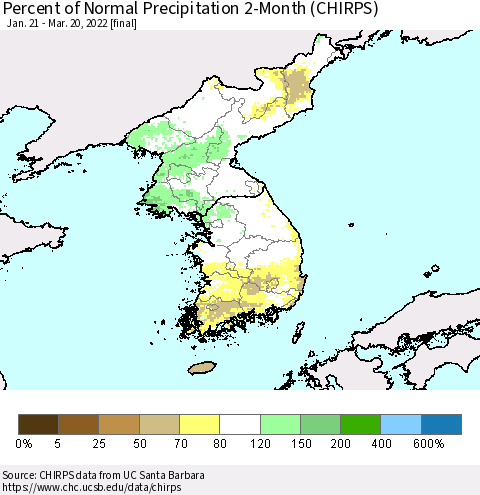 Korea Percent of Normal Precipitation 2-Month (CHIRPS) Thematic Map For 1/21/2022 - 3/20/2022