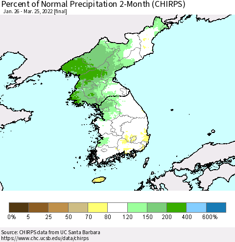 Korea Percent of Normal Precipitation 2-Month (CHIRPS) Thematic Map For 1/26/2022 - 3/25/2022