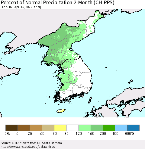 Korea Percent of Normal Precipitation 2-Month (CHIRPS) Thematic Map For 2/16/2022 - 4/15/2022