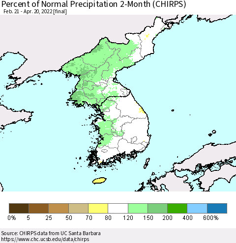 Korea Percent of Normal Precipitation 2-Month (CHIRPS) Thematic Map For 2/21/2022 - 4/20/2022