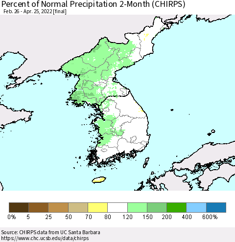 Korea Percent of Normal Precipitation 2-Month (CHIRPS) Thematic Map For 2/26/2022 - 4/25/2022