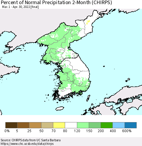 Korea Percent of Normal Precipitation 2-Month (CHIRPS) Thematic Map For 3/1/2022 - 4/30/2022