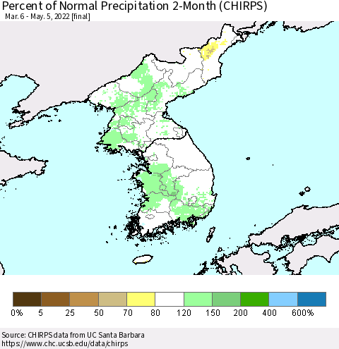 Korea Percent of Normal Precipitation 2-Month (CHIRPS) Thematic Map For 3/6/2022 - 5/5/2022