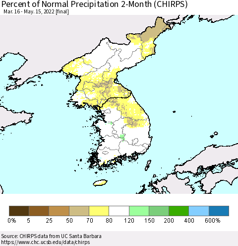 Korea Percent of Normal Precipitation 2-Month (CHIRPS) Thematic Map For 3/16/2022 - 5/15/2022