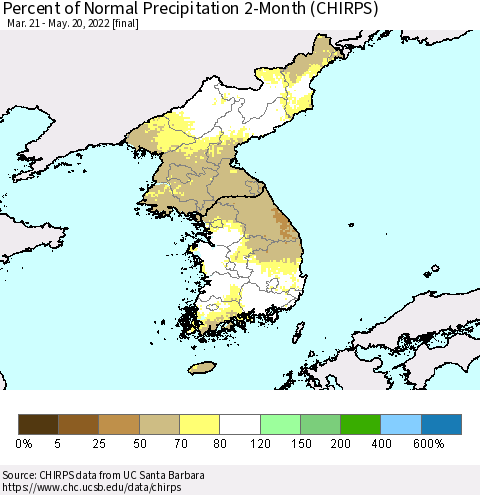 Korea Percent of Normal Precipitation 2-Month (CHIRPS) Thematic Map For 3/21/2022 - 5/20/2022