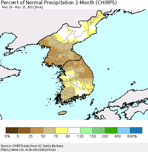 Korea Percent of Normal Precipitation 2-Month (CHIRPS) Thematic Map For 3/26/2022 - 5/25/2022
