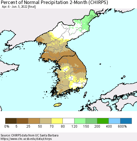 Korea Percent of Normal Precipitation 2-Month (CHIRPS) Thematic Map For 4/6/2022 - 6/5/2022