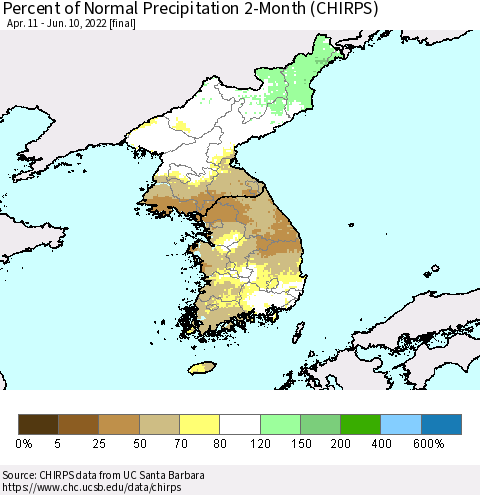 Korea Percent of Normal Precipitation 2-Month (CHIRPS) Thematic Map For 4/11/2022 - 6/10/2022