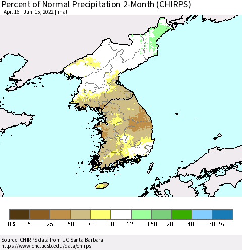 Korea Percent of Normal Precipitation 2-Month (CHIRPS) Thematic Map For 4/16/2022 - 6/15/2022