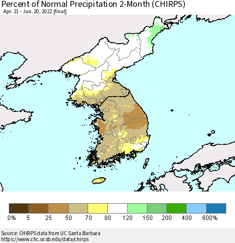 Korea Percent of Normal Precipitation 2-Month (CHIRPS) Thematic Map For 4/21/2022 - 6/20/2022