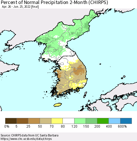 Korea Percent of Normal Precipitation 2-Month (CHIRPS) Thematic Map For 4/26/2022 - 6/25/2022