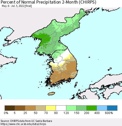 Korea Percent of Normal Precipitation 2-Month (CHIRPS) Thematic Map For 5/6/2022 - 7/5/2022