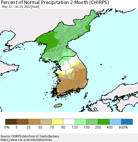 Korea Percent of Normal Precipitation 2-Month (CHIRPS) Thematic Map For 5/11/2022 - 7/10/2022