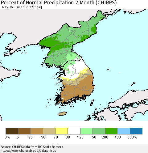 Korea Percent of Normal Precipitation 2-Month (CHIRPS) Thematic Map For 5/16/2022 - 7/15/2022