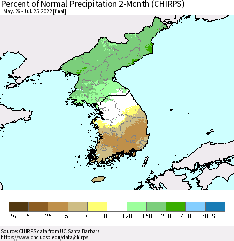 Korea Percent of Normal Precipitation 2-Month (CHIRPS) Thematic Map For 5/26/2022 - 7/25/2022