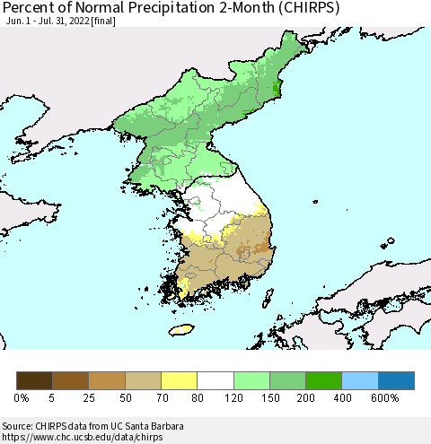 Korea Percent of Normal Precipitation 2-Month (CHIRPS) Thematic Map For 6/1/2022 - 7/31/2022