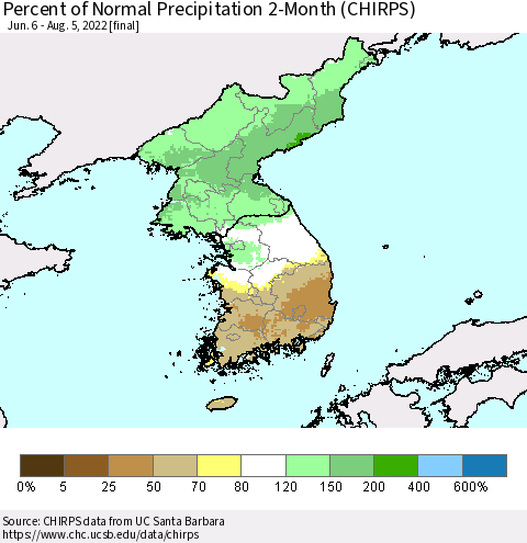 Korea Percent of Normal Precipitation 2-Month (CHIRPS) Thematic Map For 6/6/2022 - 8/5/2022