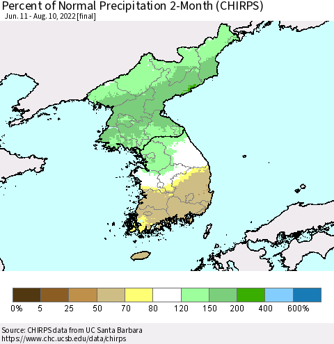 Korea Percent of Normal Precipitation 2-Month (CHIRPS) Thematic Map For 6/11/2022 - 8/10/2022