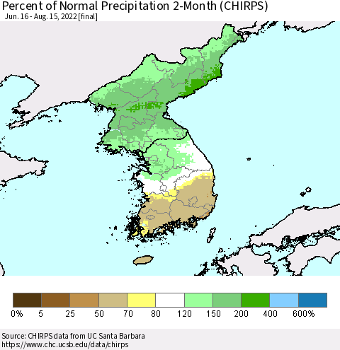 Korea Percent of Normal Precipitation 2-Month (CHIRPS) Thematic Map For 6/16/2022 - 8/15/2022