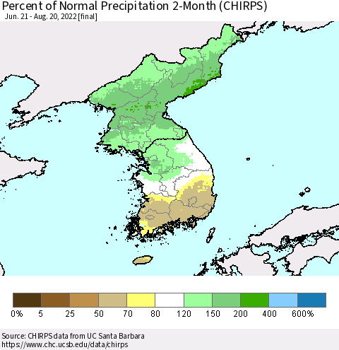 Korea Percent of Normal Precipitation 2-Month (CHIRPS) Thematic Map For 6/21/2022 - 8/20/2022