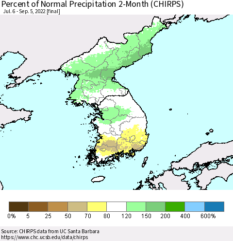 Korea Percent of Normal Precipitation 2-Month (CHIRPS) Thematic Map For 7/6/2022 - 9/5/2022