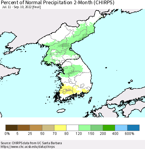 Korea Percent of Normal Precipitation 2-Month (CHIRPS) Thematic Map For 7/11/2022 - 9/10/2022