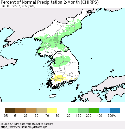 Korea Percent of Normal Precipitation 2-Month (CHIRPS) Thematic Map For 7/16/2022 - 9/15/2022