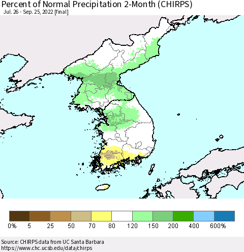 Korea Percent of Normal Precipitation 2-Month (CHIRPS) Thematic Map For 7/26/2022 - 9/25/2022