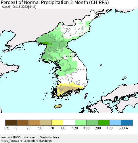 Korea Percent of Normal Precipitation 2-Month (CHIRPS) Thematic Map For 8/6/2022 - 10/5/2022