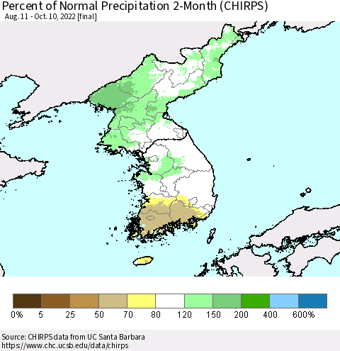 Korea Percent of Normal Precipitation 2-Month (CHIRPS) Thematic Map For 8/11/2022 - 10/10/2022