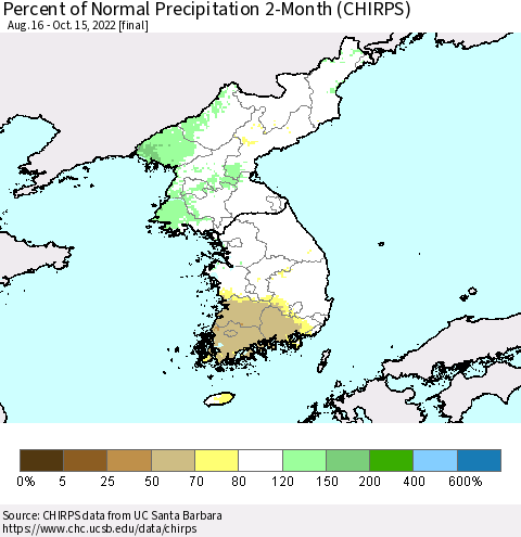 Korea Percent of Normal Precipitation 2-Month (CHIRPS) Thematic Map For 8/16/2022 - 10/15/2022