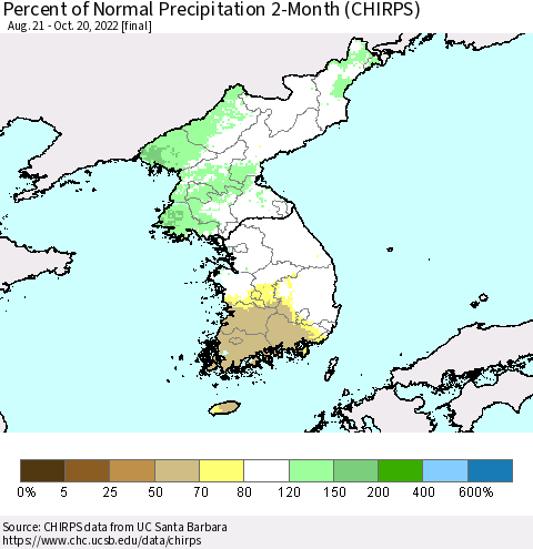 Korea Percent of Normal Precipitation 2-Month (CHIRPS) Thematic Map For 8/21/2022 - 10/20/2022