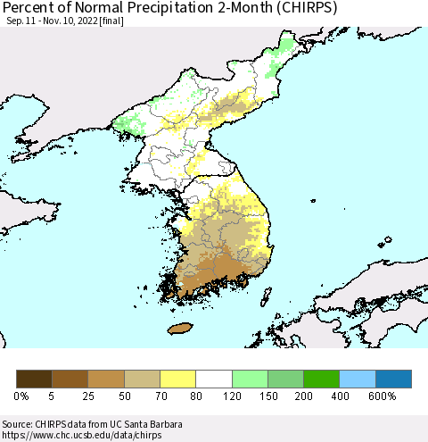 Korea Percent of Normal Precipitation 2-Month (CHIRPS) Thematic Map For 9/11/2022 - 11/10/2022