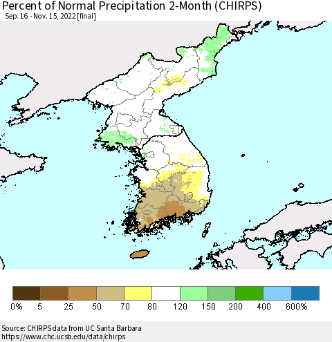 Korea Percent of Normal Precipitation 2-Month (CHIRPS) Thematic Map For 9/16/2022 - 11/15/2022