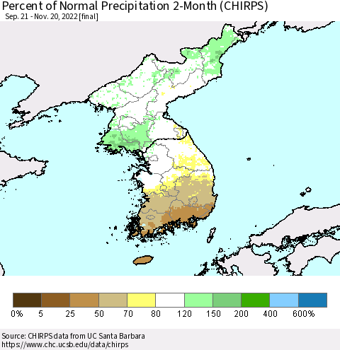 Korea Percent of Normal Precipitation 2-Month (CHIRPS) Thematic Map For 9/21/2022 - 11/20/2022