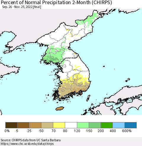 Korea Percent of Normal Precipitation 2-Month (CHIRPS) Thematic Map For 9/26/2022 - 11/25/2022