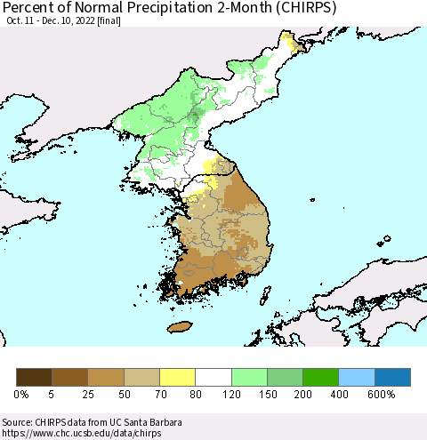 Korea Percent of Normal Precipitation 2-Month (CHIRPS) Thematic Map For 10/11/2022 - 12/10/2022