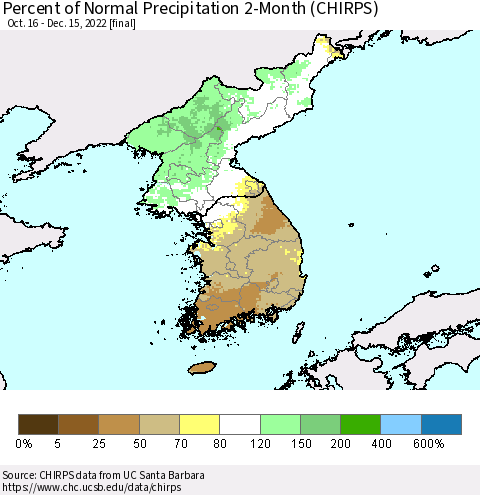 Korea Percent of Normal Precipitation 2-Month (CHIRPS) Thematic Map For 10/16/2022 - 12/15/2022