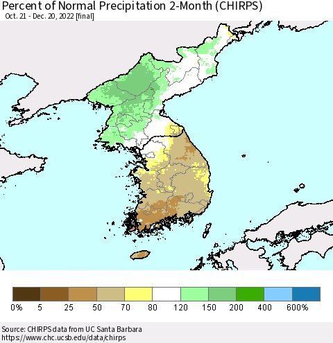 Korea Percent of Normal Precipitation 2-Month (CHIRPS) Thematic Map For 10/21/2022 - 12/20/2022